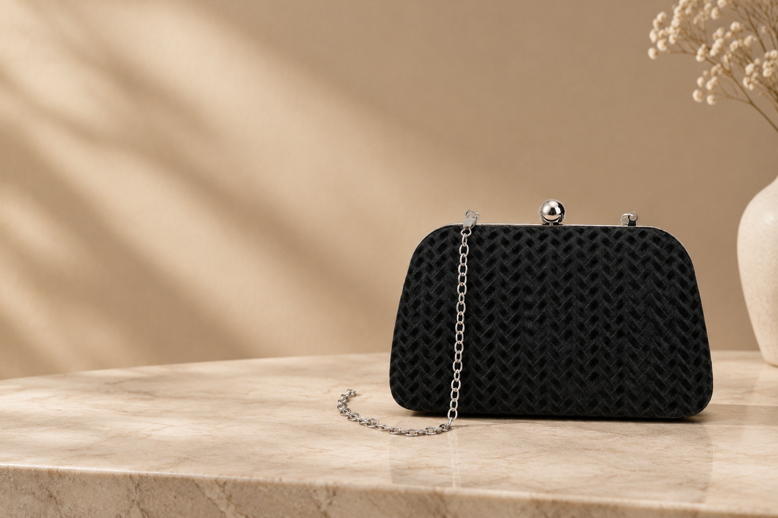 Black woven evening clutch with silver ball clasp and chain
